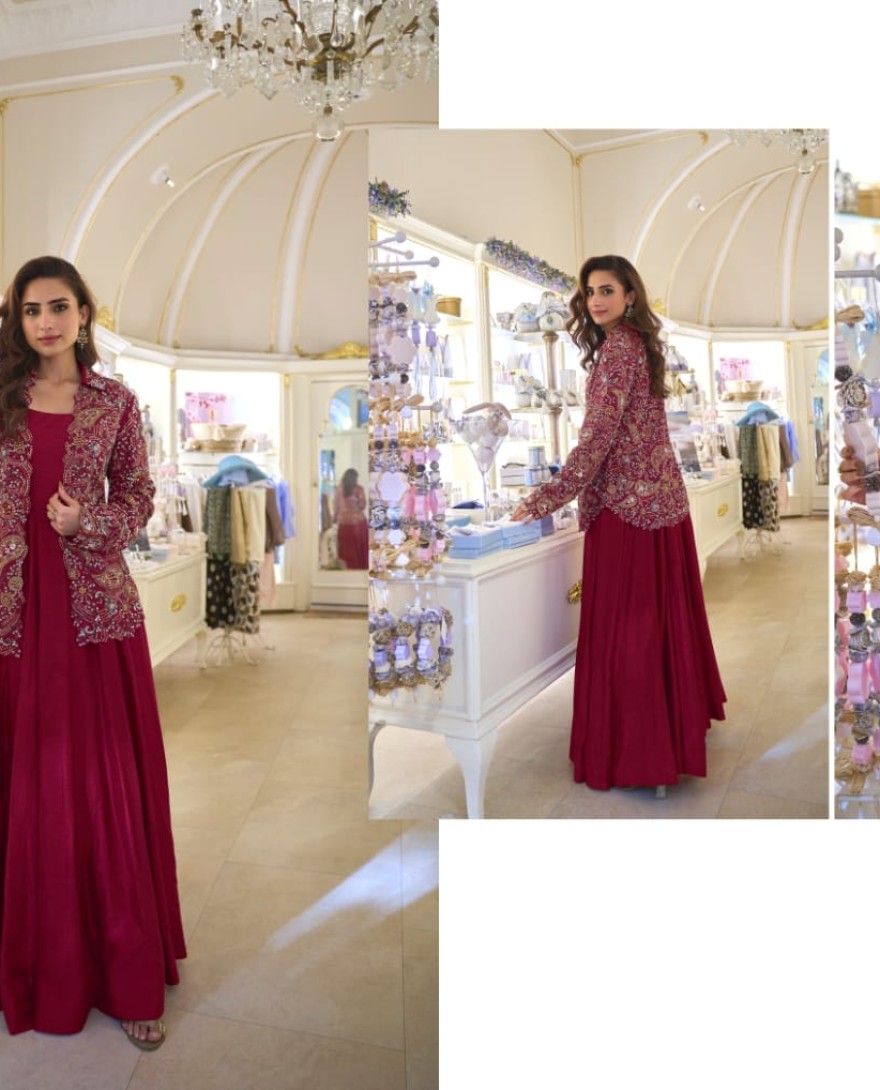 RED - Embroidered Work Silk Designer Gown In Maroon